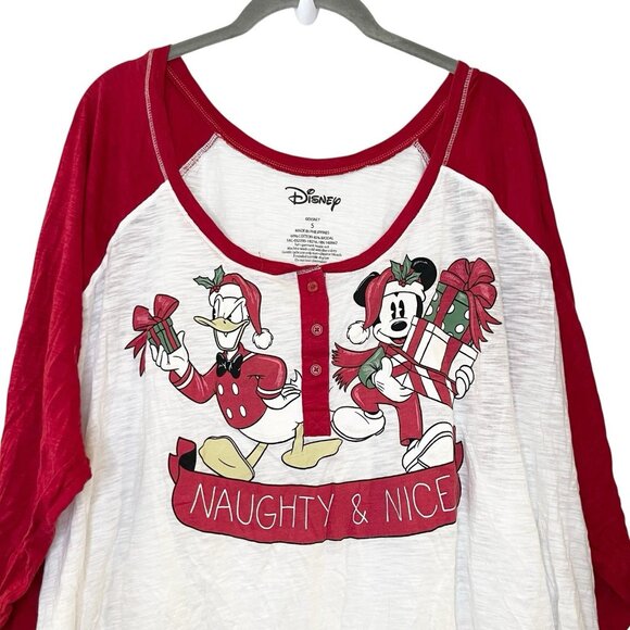 Torrid Disney Holiday Mickey Mouse Donald Duck Red Henley Sleep Top Naughty Nice - Picture 4 of 7